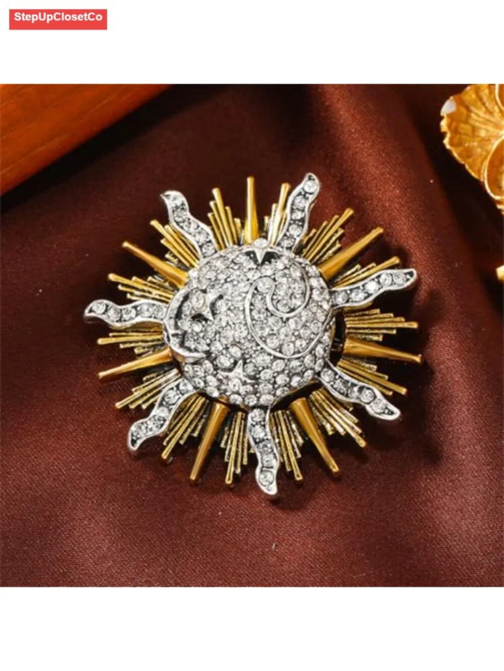 Vintage Sun Brooch Pin, Zinc Alloy with Cubic Zirconia, Unisex Jewelry Gift